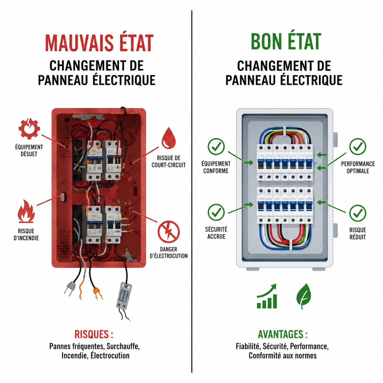 Changement de panneau électrique maintenance comparison infographic